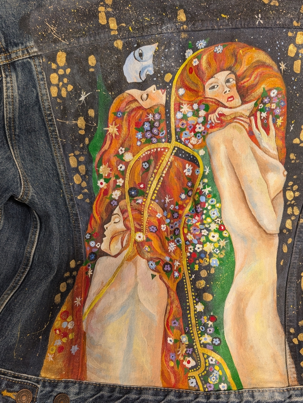Levi's Painted Denim Jacket with Colorful Art Panel Size M Gustav Klimt Inspired - Picture 2 of 5